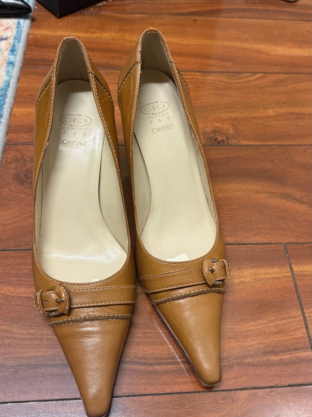 Joan & David Cognac Pointed-Toe Leather Pumps with Buckle Accent